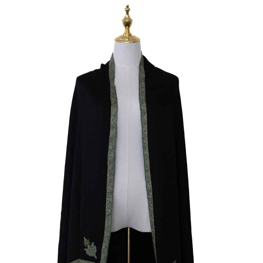 Black with Green 100% Pure Pashmina Shawl