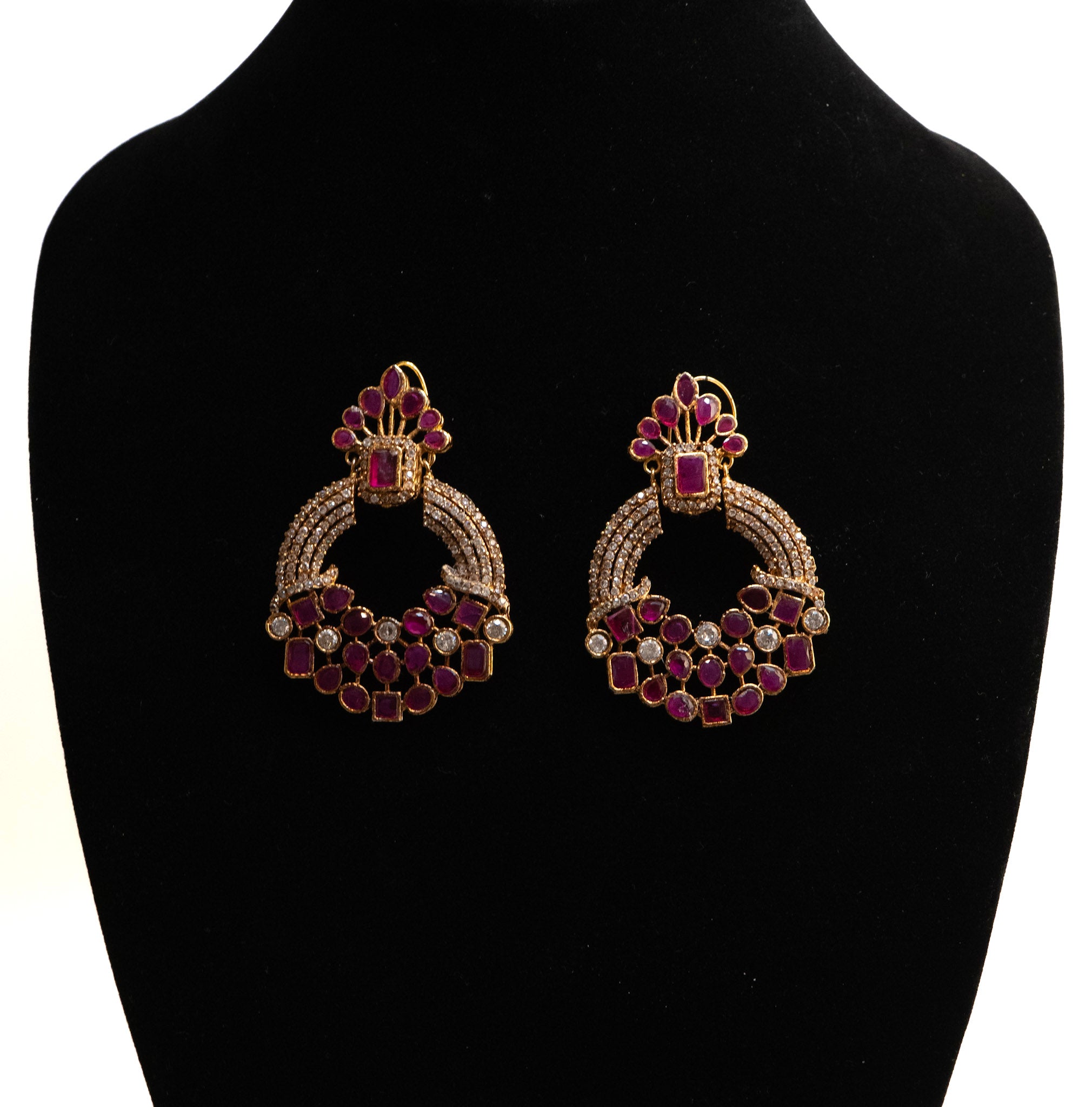 Gold Plated Round Earrings with Semi Precious Rubys