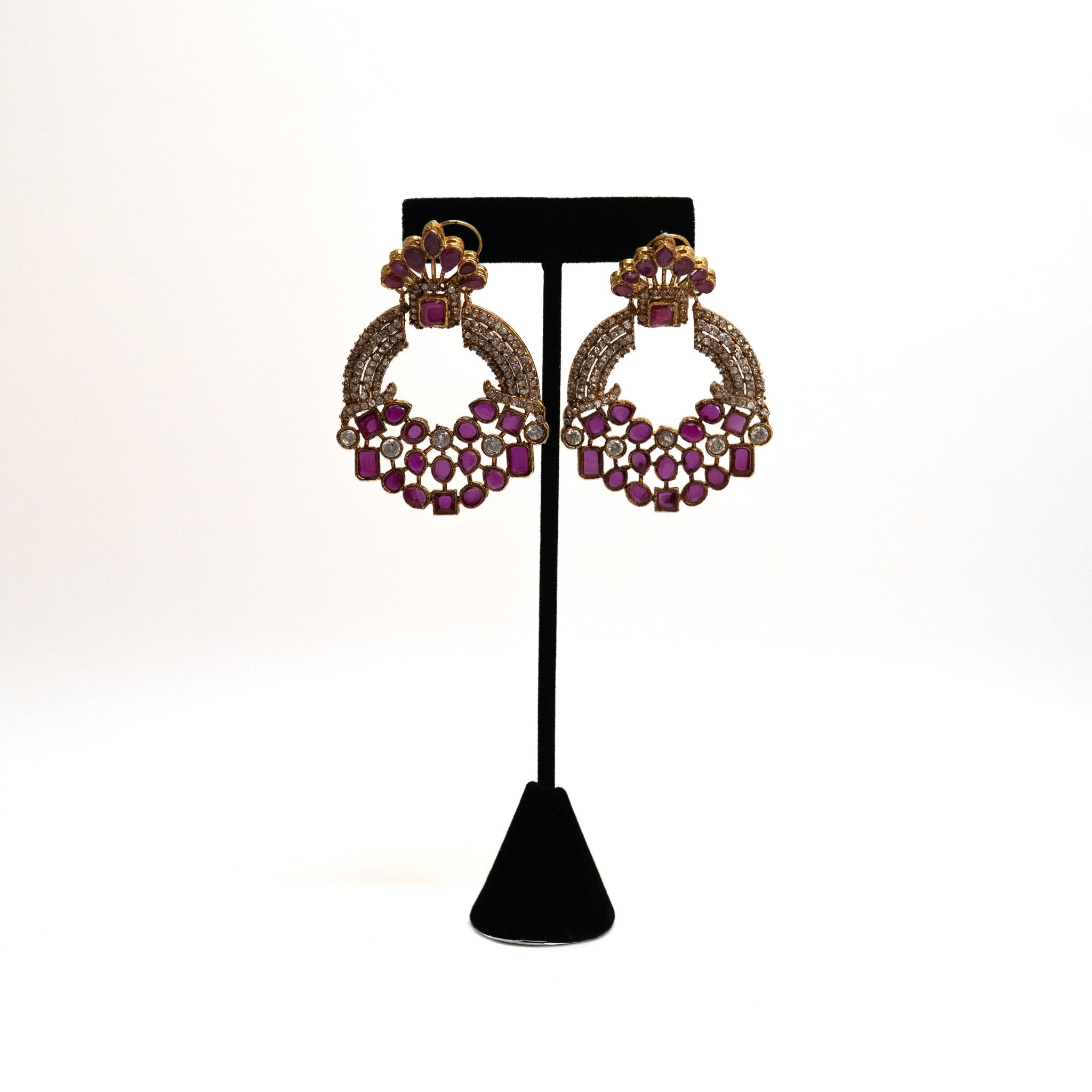Gold Plated Round Earrings with Semi Precious Rubys